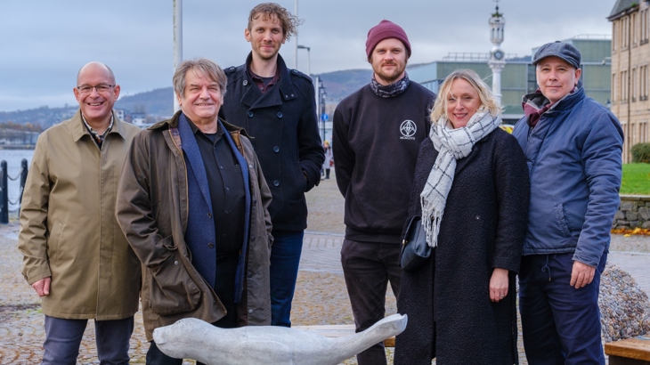 John Lauder, Alan Potter, Cosmo Blake, Tragic O'Hara, Karen Orr and Jason Orr, pictured in front of Alan Potter's Ebb and Flow sculpture.