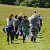 A group of people walking through a green and lush field