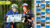 Two cyclists consult a sustrans long-distance map on a lush forest cycle trail. Map front covers overlaid: Coast and Castles, Hadrian's cycleway, C2C