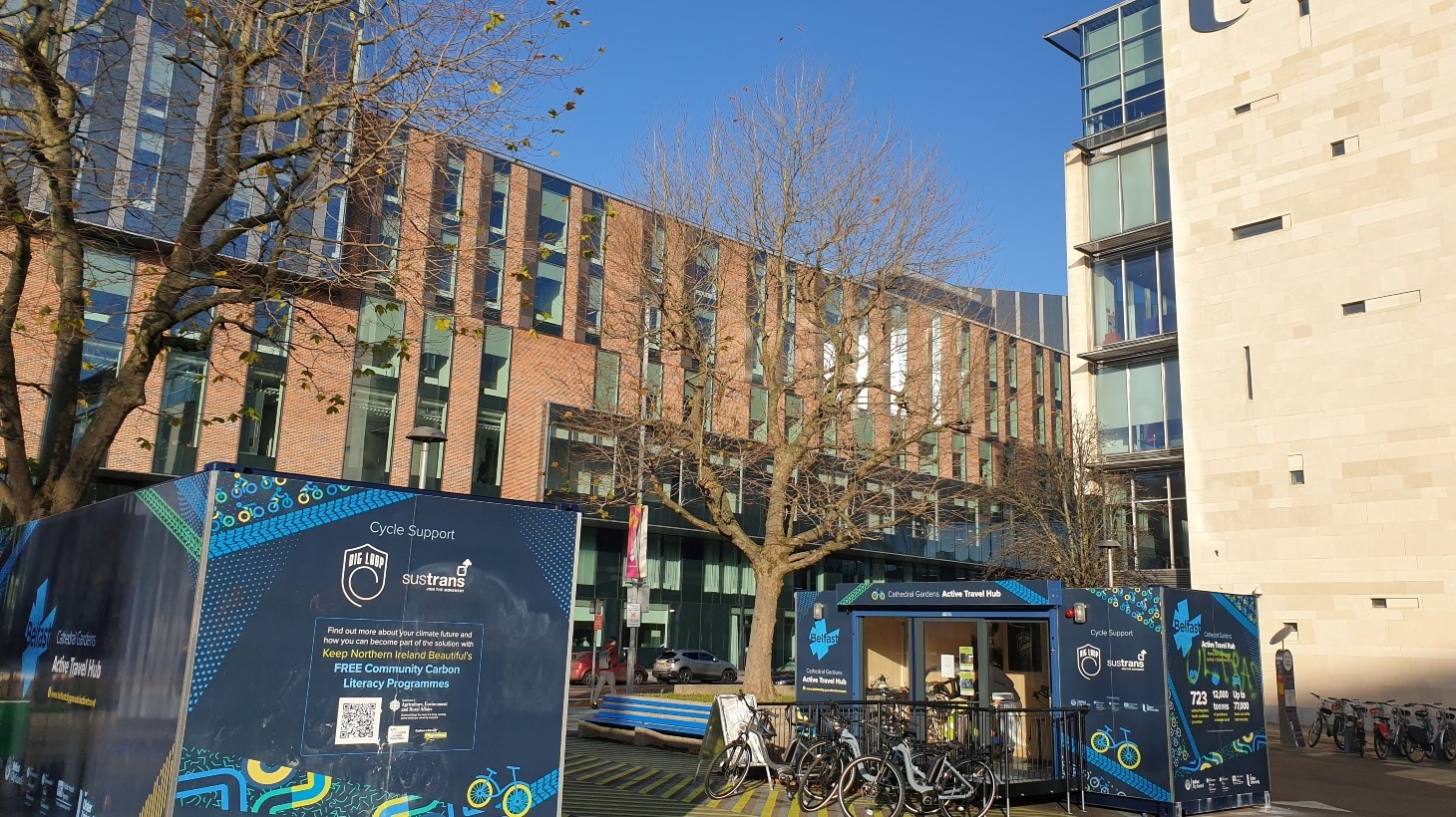 Cathedral Gardens Active Travel Hubs are on an open square next to the Ulster University Belfast campus.