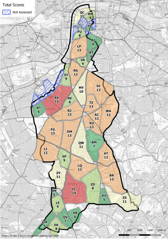 Example map of Lambeth LTN prioritisation traffic-light system